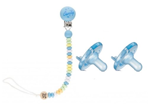 Bink Link Pacifier Holder with 2 Blue Soothies, Candy Man