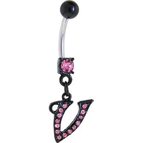 Black Anodized PINK Jeweled Initial Belly Ring-LETTER "V" by 