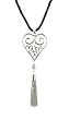 Necklace - N442 - Heart with Tassel Pendant ~ Silver Tone - hung on Triple Strand Twisted Black Satin / Silk Cord (21") + 2" Extension Chain