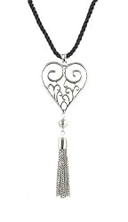 Necklace - N442 - Heart with Tassel Pendant ~ Silver Tone - hung on Triple Strand Twisted Black Satin / Silk Cord (21") + 2" Extension Chain