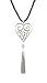 Necklace - N442 - Heart with Tassel Pendant ~ Silver Tone - hung on Triple Strand Twisted Black Satin / Silk Cord (21") + 2" Extension Chain