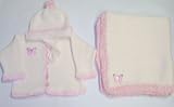 Ck403, Knitted on Hand Knitting Machine Ivory Cotton Trimmed By Hand Crochet with Pink Chenille Cardigan Hat for Infant Girls with Matching 31x45 Blanket Trimmed with Pink Sequin Butterfly
