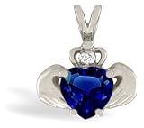 14K White Gold Heart Created Sapphire and Diamond Celtic Claddagh Pendant