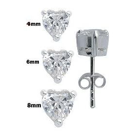 Solitaire Silver Hearts Earrings 6mm - Studs - Solitaire - Ladies - Silver Earrings 4mm to 8mm in clear Diamond colour. These are fine jewellery quality earrings hand polished and hand finihsed set with fine Austrian cut CZ crystals