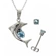 White Gold Pendant Necklace Earrings Set - Blue Topaz