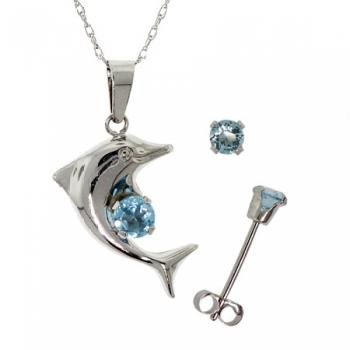 New Blue Topaz White Gold Stud Earrings and Dolphin Pendant Necklace Set