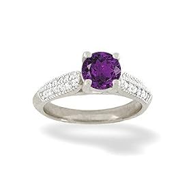 14K White Gold Genuine Round Amethyst and Diamond Engagement Ring by Jewels For Me