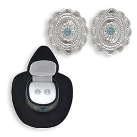 Western Crystal CONCH w  AQUA FLOWER EARRINGS in Black Cowboy Hat Gift Box