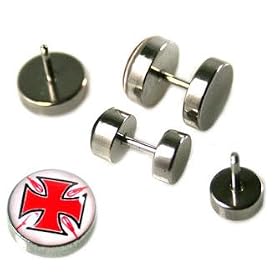Fake Piercing Ear Plugs with Iron Cross Design - Sizes: Small Sold as a Pair