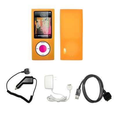 Premium Orange Soft Silicone Gel Skin Cover Case + Wall Home/Travel Charger + Rapid Car Charger + USB Data Charge Sync Cable for Apple iPod Nano 5G, 5th Generation