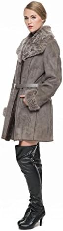 Adelaqueen Women's Faux Suede Lapel Coat with Real Rabbit Fur Collar & Cuffs XL