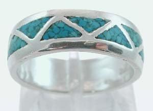 Southwestern Chevron Band Ring with stabilized turquoise Inlay and Sterling Silver for Men or Women, Size 6, #1775