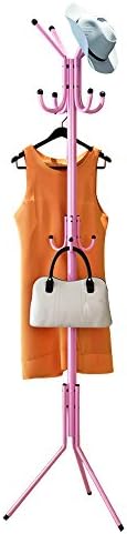 Thick Steel Pipe Assembled Standing Coat Rack Hat Hanger Holder Hooks for Jacket Umbrella Tree Stand with Base Metal (Pink)