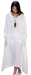 Full Length Cotton/Linen Long Sleeves Round Neck  Dress