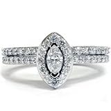 .90CT Fancy Marquise Diamond Engagement Ring Set 14K White Gold Pave Halo Vintage Like Bridal Bands