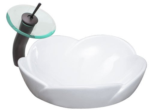 Ticor Lotus Vessel Porcelain Single Bowl Bathroom Sink and Oil Rubbed Bronze Waterfall Faucet