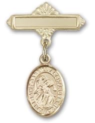 14K Gold Baby Badge with St. Gabriel the Archangel Charm and Polished Badge Pin