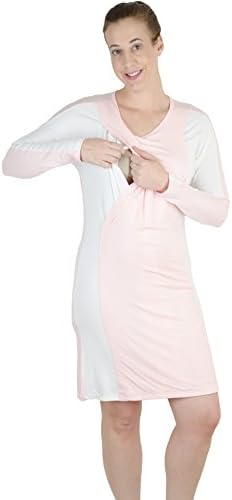 Latched Mama Women's Long Sleeve Nursing Nightgown Medium Pink/White