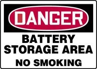 DANGER BATTERY STORAGE AREA NO SMOKING 10" x 14" Dura-Plastic Sign
