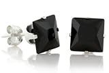 Black Princess Cut Cubic Zirconia CZ Silver Stud Earrings