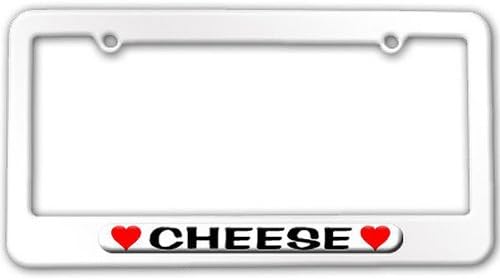 Cheese Love with Hearts - Powder Coated METAL License Plate Tag Frame - Arctic White