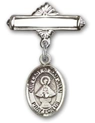 Sterling Silver Baby Badge with Our Lady of San Juan Charm and Polished Badge Pin