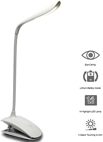 FANTASY TECH Dimmable Eye-Caring Clamp Table Lamp (USB Charging,14 LEDs, Flexible Gooseneck, 3-Level Dimmer, Touch Control)