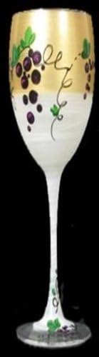 Set of 2 Grapes and Vines Hand Painted Champagne Flute Drinking Glass - 5.75 Oz.