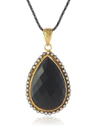 Sterling Silver Chain with Onyx Oval and Cubic Zirconia Pendant Necklace, 30"