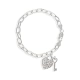 Sterling Silver Designer Simulated Diamond CZ Pave Heart Key Charm Bracelet