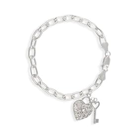 Sterling Silver Designer Simulated Diamond CZ Pave Heart Key Charm Bracelet