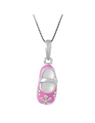 Sterling Silver 3-D Baby Shoe Necklace Pendant with Pink Enamel with Box Chain