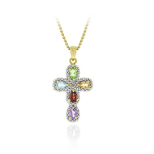 Sterling Silver Multi Gemstone & Diamond Accent Cross Pendant