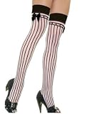 Sheer Thigh High Nylon Stocking with Black Opaque Vertical Stripes and Satin Bow