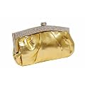 Gold clutch bag with diamante panel and large round diamante clasp to close