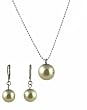 Necklace - Earrings Set - N500 - Glass Pearl Drop (10 mm) hung on 1 mm Ball Chain ~ Olive Green