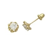 14K Gold Stud Earring CZ Fancy Round Stone Yellow Gold Earring With Screw Back For Kids & Teens