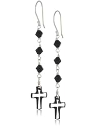 Sterling Silver Swarovski Elements Black and Crystal Cross with Jet Colored Bicones Earrings