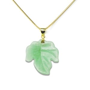 Gold Plated Sterling Silver Green Chinese Jade Carved Leaf Pendant by