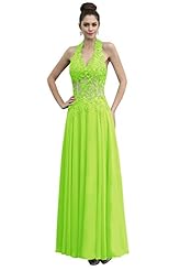 Halter Sleeveless Cocktail Floor Length Chiffon Applique Beaded Lace Evening Dress/Prom Dress/Party Dress/Wedding Dress 