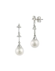 Sterling Silver Simulated Pearl with Cubic Zirconia Leaf Design Linear Post Earrings