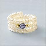 14k Gold Adjustable Three Row Pearl Coil Ring With Black Pearl Accent