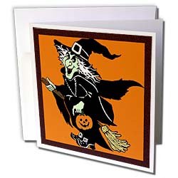Sandy Mertens Halloween Designs - Old Witch on Broom - Greeting Cards-6 Greeting Cards with envelopes