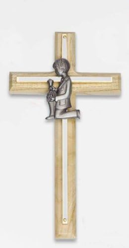 First Communion Keepsake Wall Cross - Boy with Chalice Shilloutte - 8" Height - Wood and Brass