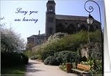 Sorry you are leaving, French church and gardens, antique street lamp Card