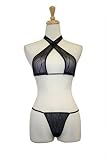 Exposed By Magic Silk Wavy Line Mesh Criss Cross Halter And G-string, Black, Large/Xlarge