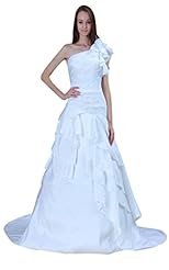 A-line Pleated Lace-Up Full Length One Shoulder Sleeveless Taffeta Wedding Dress  with a Chapel Train 