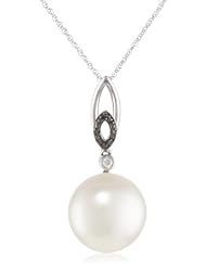 10K White Gold 12 - 12.5mm Freshwater Cultured Pearl and Black and (0.029 cttw, G-H Color, I1-I2 Clarity) White Diamond Pendant Necklace, 17"