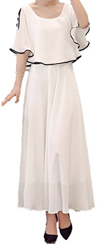 (エヌアンドティー） N&T レディース ワンピース ロング シフォン フリル 着やせ マキシ バイカラー 肩見せ 白 ホワイト パーティー 二次会 発表会 結婚式 謝恩会