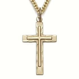 24K Gold Over Sterling Silver 1" Cross Necklace with Overlay Cross on 24" Chain